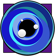A circular logo featuring overlapping shades of blue, with a central black circle and several white and light blue circular elements, set against a purple square background.